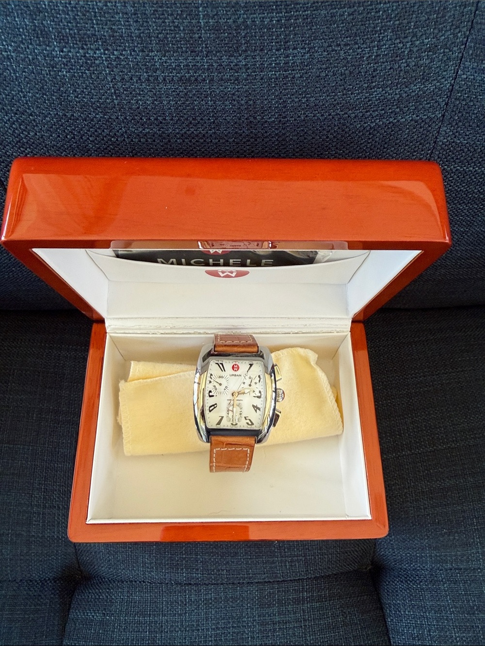 Michele Urban Silver Tonneau Watch with Tan Leather Strap